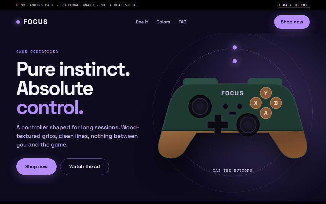 Demo landing page for Focus, a fictional game controller