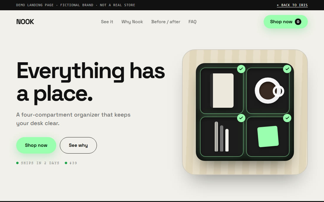 Demo landing page for Nook, a fictional desk organizer